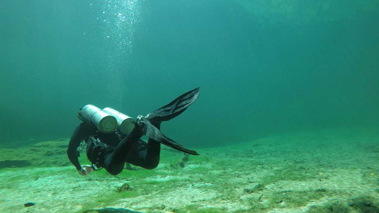 man in black wetsuit underwater.