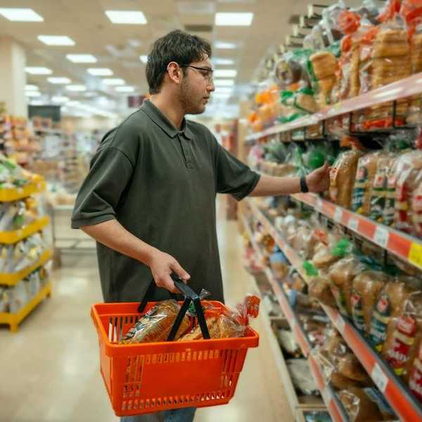 Man with grocery basket shopping for plastic-wrapped bread