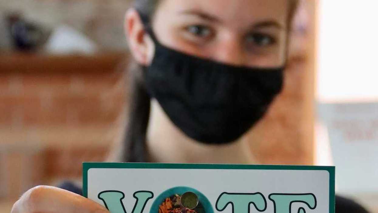 Masked woman holding small sign reading "VOTE It's a necessary ingredient"