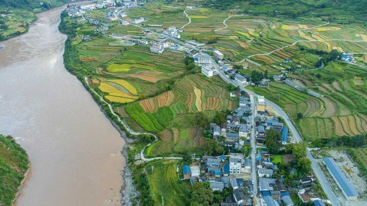 Mekong River and variegated farmland in flood plain