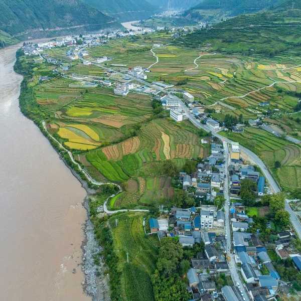 Mekong River and variegated farmland in flood plain