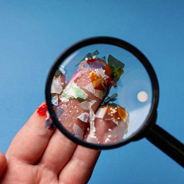 Microplastics on human fingers as seen under magnification furnished by a magnifying glass