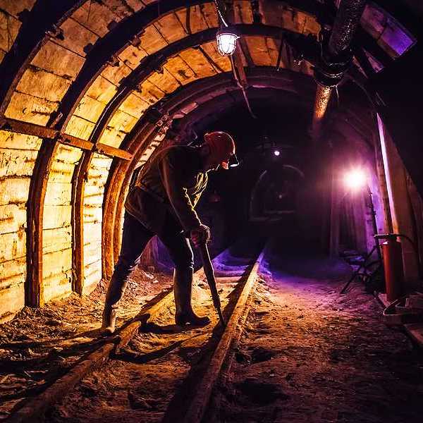 Miner working a jackhammer by the light of lanterns in a coal mine.