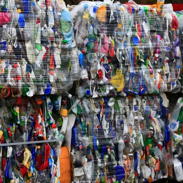 mixed plastics bundled for recycling