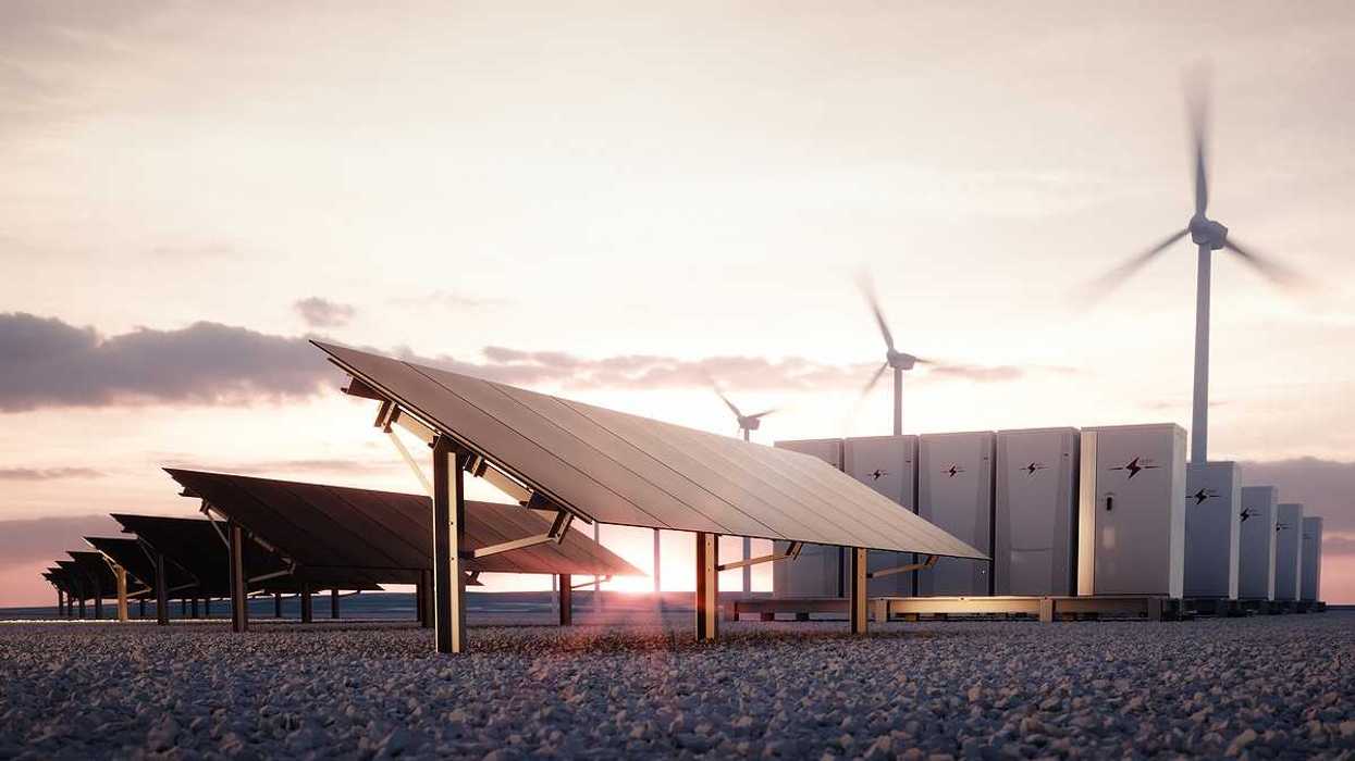 Modern, aesthetic and efficient dark solar panel panels, a modular battery energy storage system and a wind turbine system in warm light. 3D rendering.