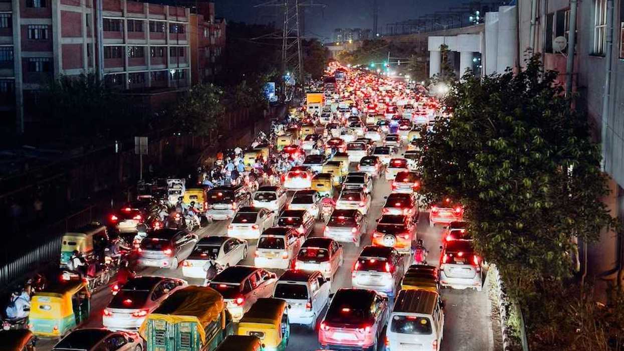 Nightime rush hour traffic jam in Delhi, India