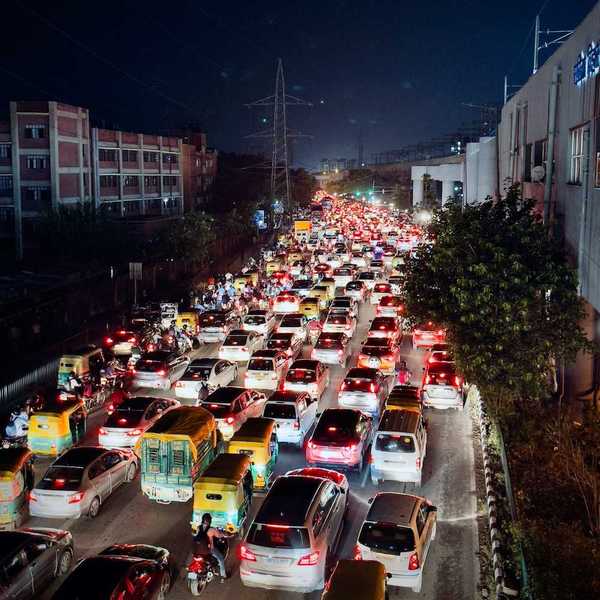 Nightime rush hour traffic jam in Delhi, India