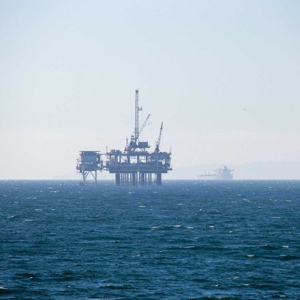 Offshore drilling platform off foggy California coast