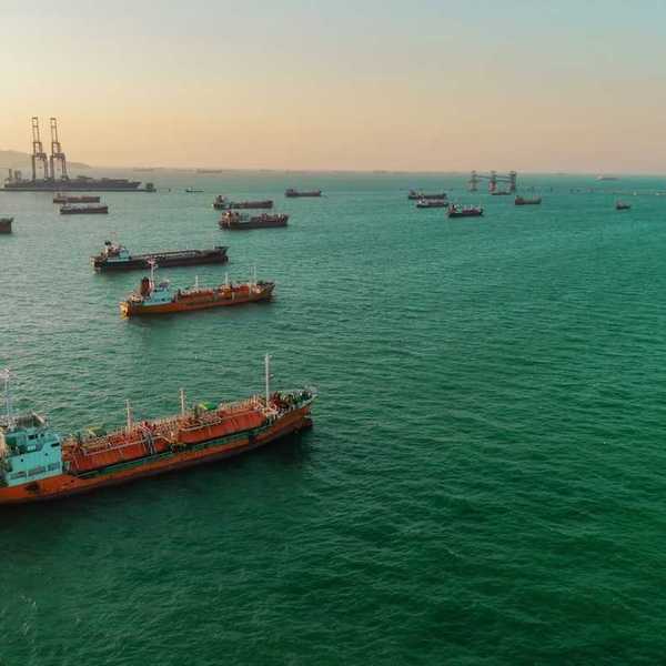 Oil and gas transport vessels awaiting off-loading.
