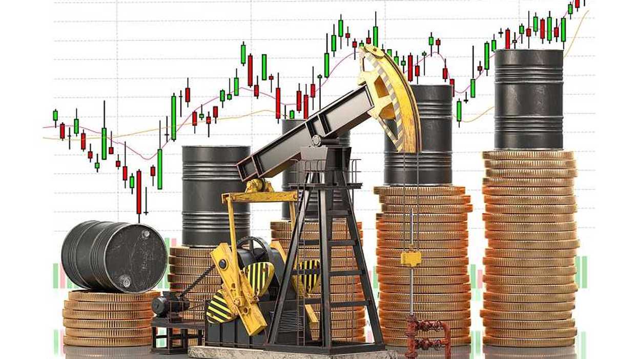 Oil barrels on stacks of golden coins and oil pump jack with market price chart.