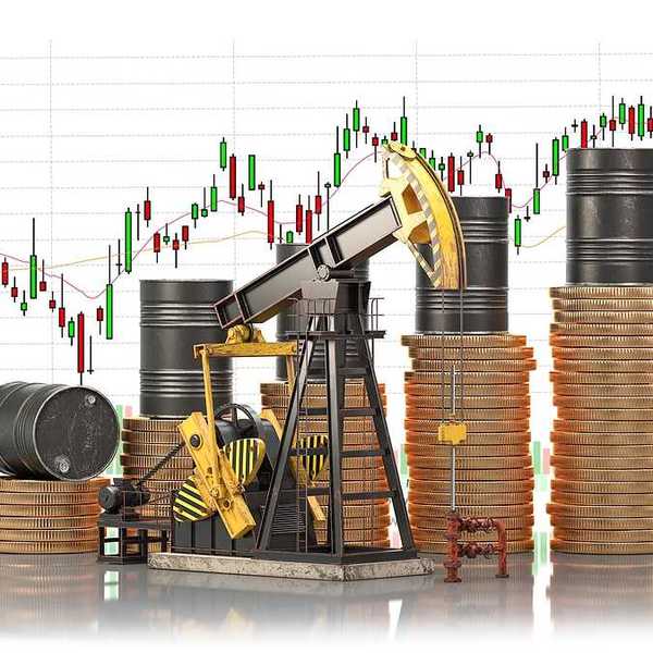 Oil barrels on stacks of golden coins and oil pump jack with market price chart.