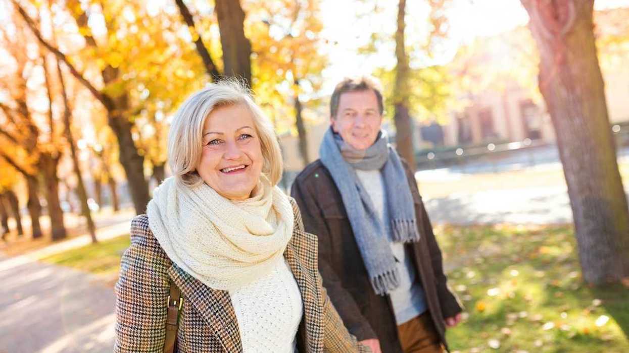 Older couple hand in hand, smiling and strolling on tree-lined walk in Vienna, Austria