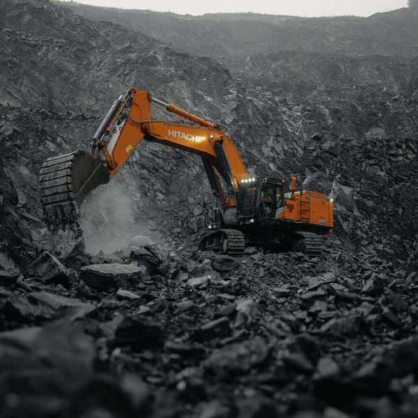 Orange Hitachi excavator working a coal mine.