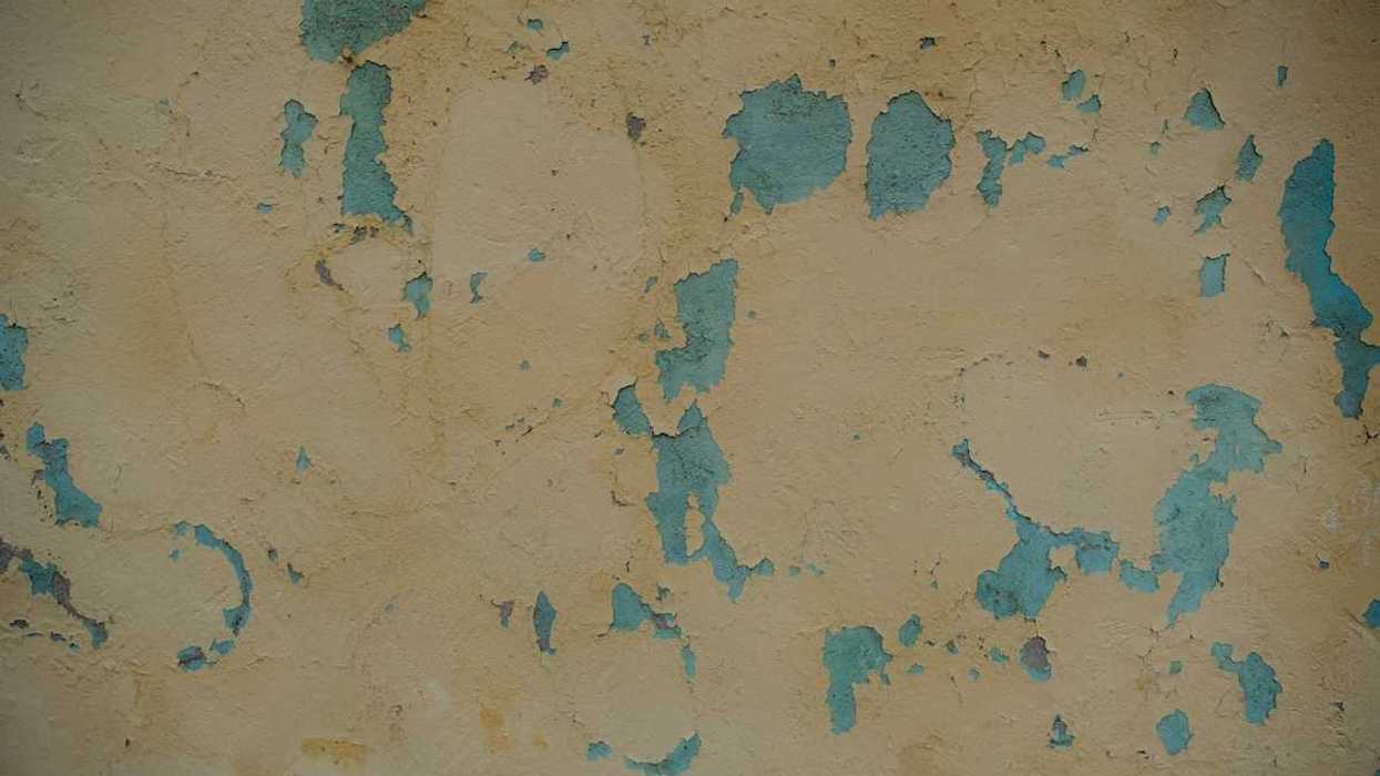 Peeling paint. White paint peeling showing blue paint underneath.