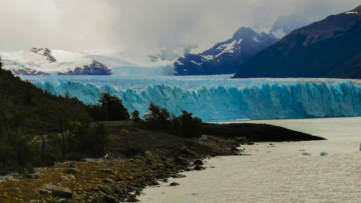 Perito Moreno Glacier with mountains in the background.