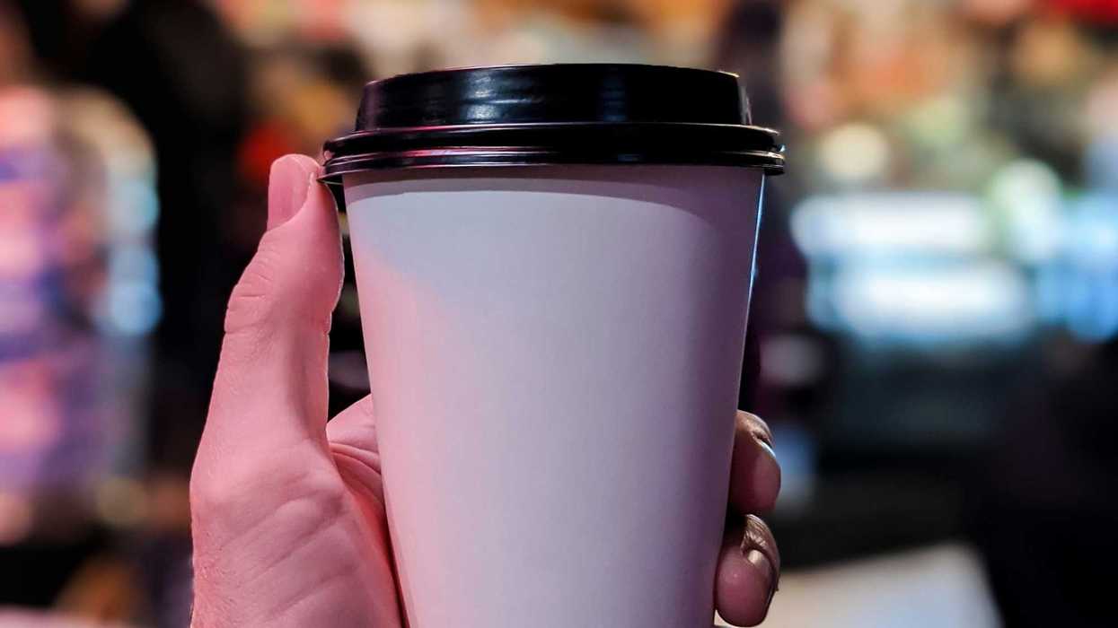 person holding white and black disposable cup.