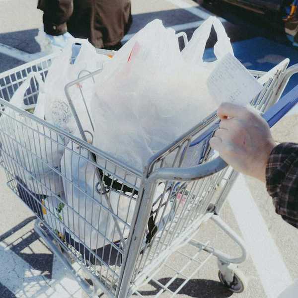Person pushing a shopping cart filled with shopping items in plastic grocery bags