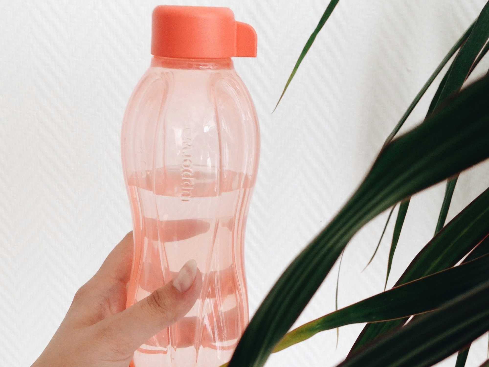 person's hand holding pink plastic water bottle.