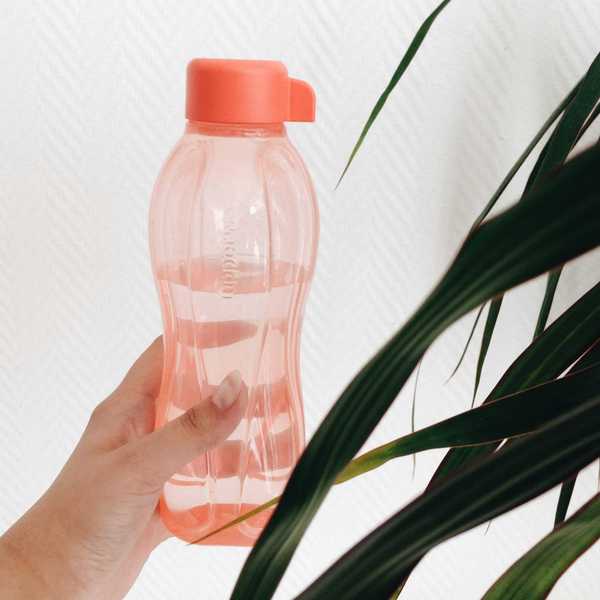 person's hand holding pink plastic water bottle.