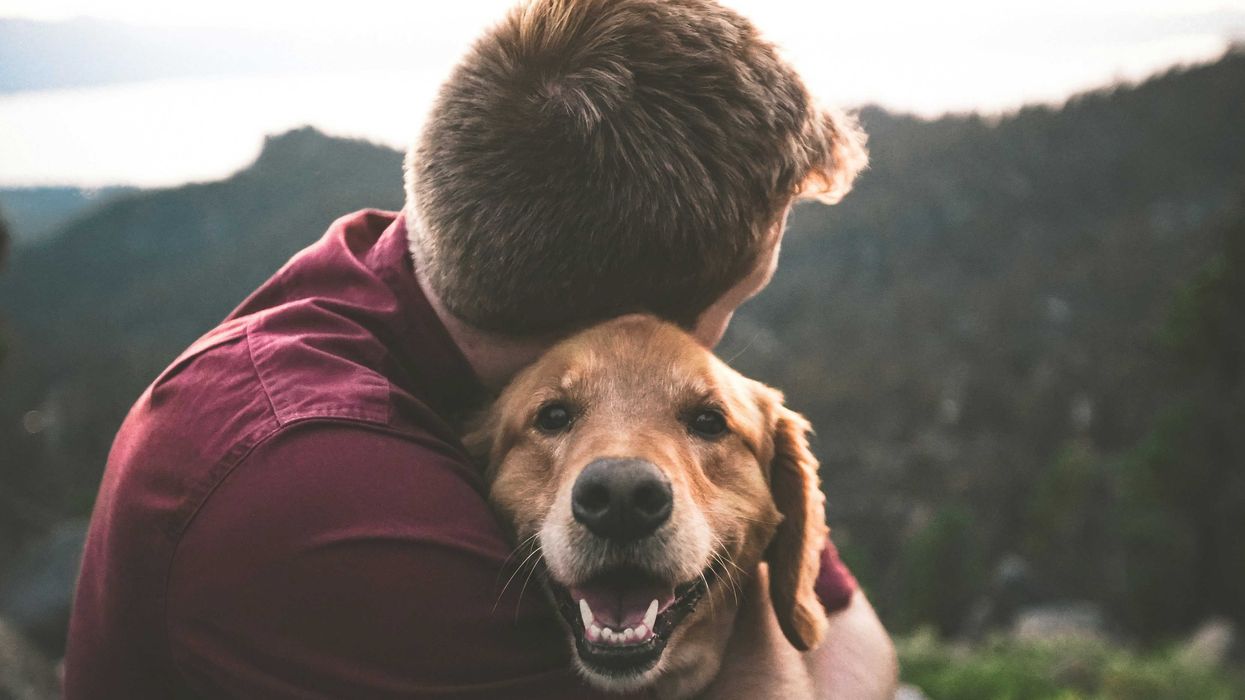 photo of man hugging a smiling tan dog.