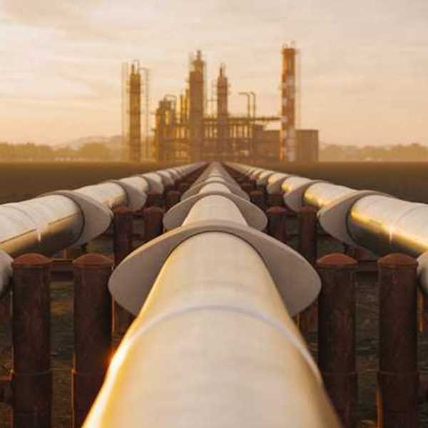 Pipelines heading to an oil refinery plant