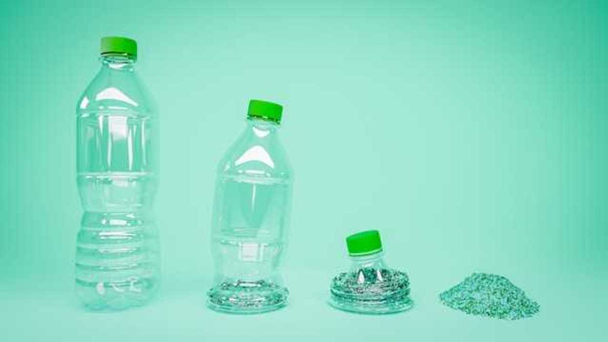 Plastic bottles in a row slowly disintegrating into a pile of microplastics