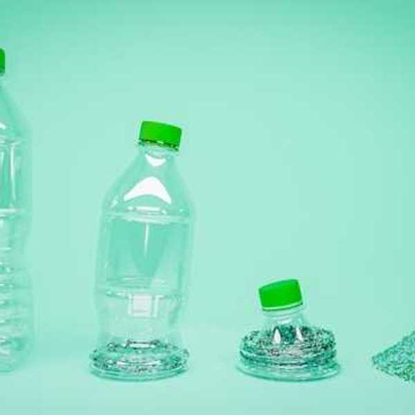 Plastic bottles in a row slowly disintegrating into a pile of microplastics