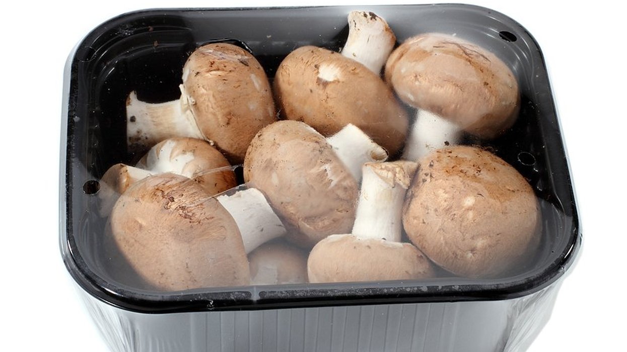 Plastic container of mushrooms covered in plastic wrap