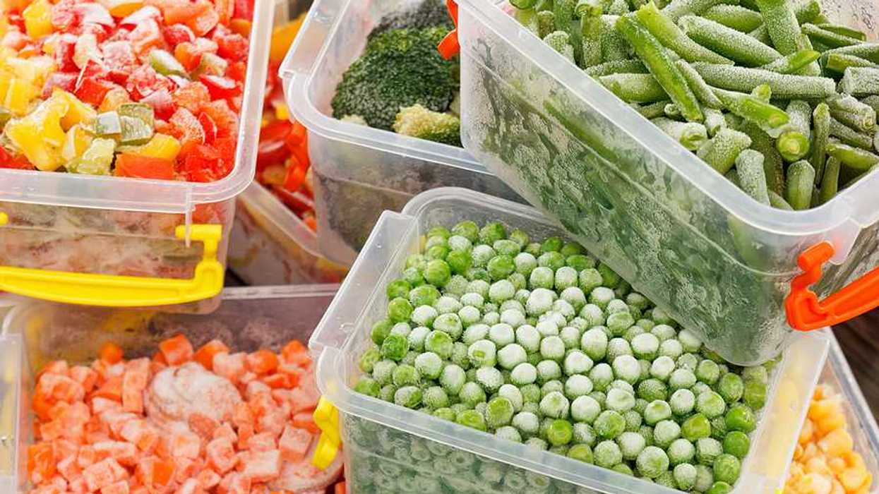 Plastic food containers filled with frozen foods