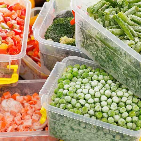 Plastic food containers filled with frozen foods