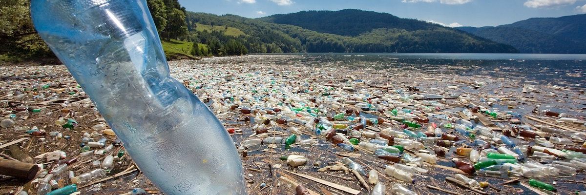 Plastic pollution along a beach