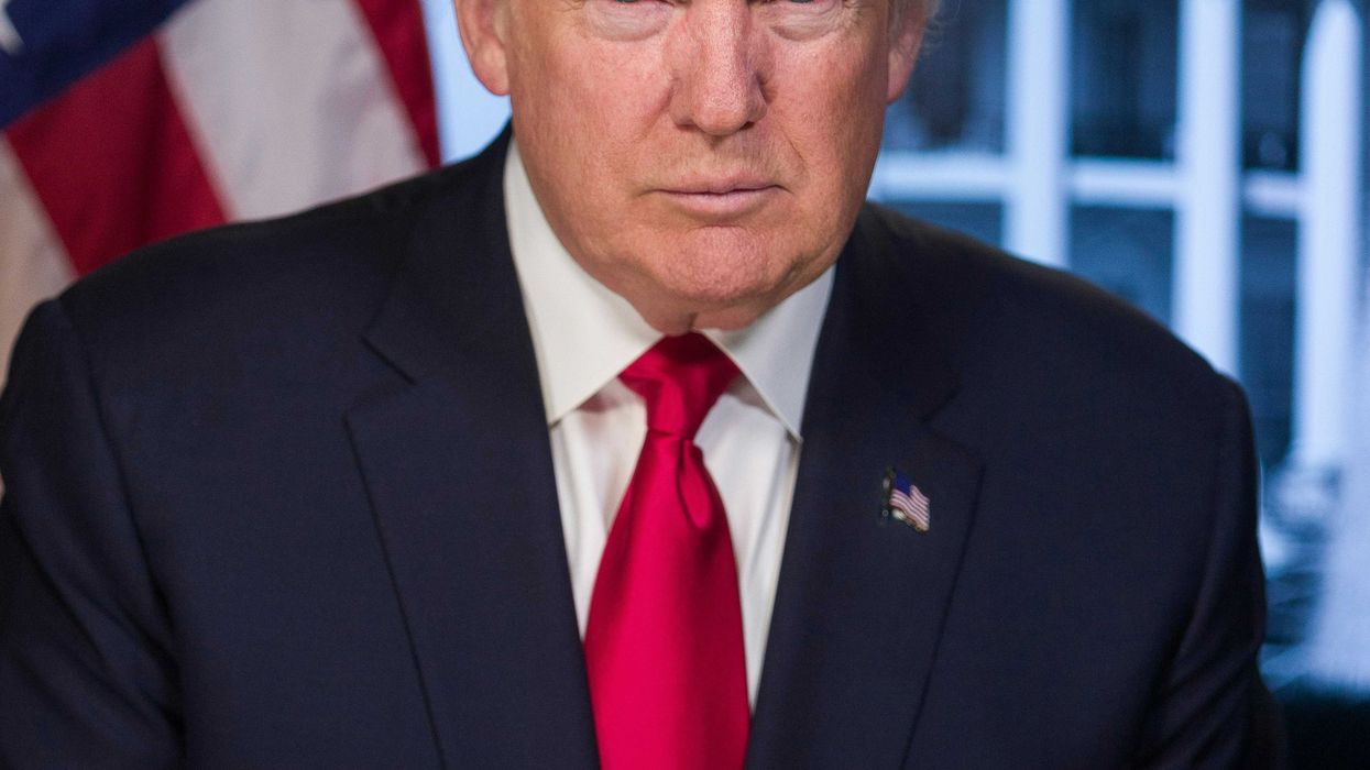 Portrait of President Donald Trump with American flag in background.