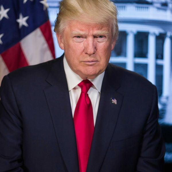 President Donald Trump with American flag in background.