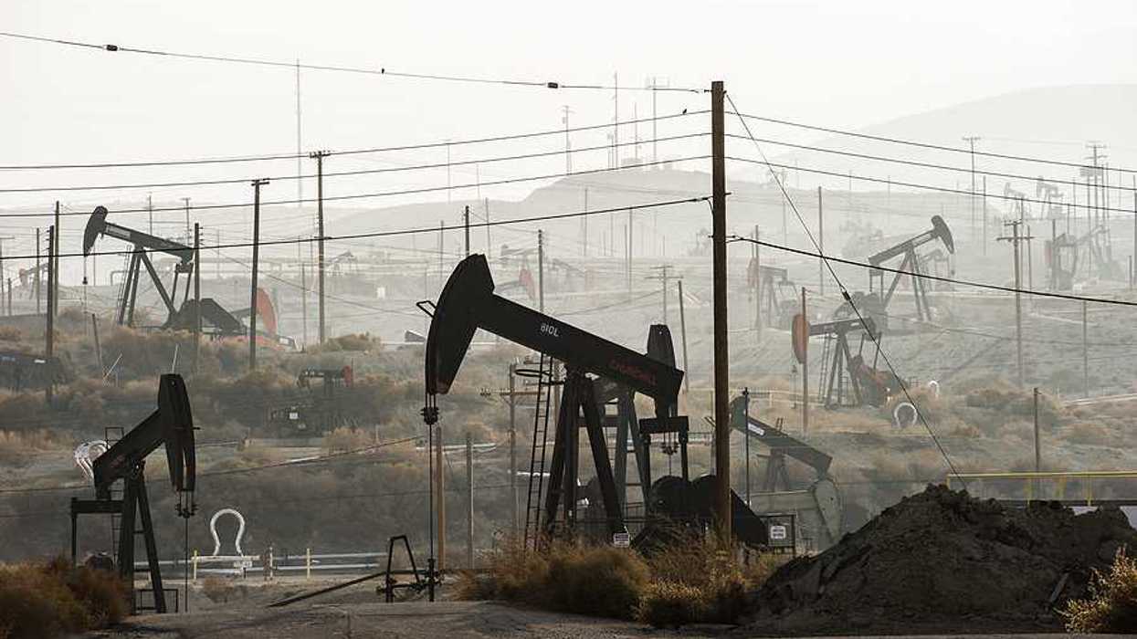 Pumpjacks extract oil from an oilfield in Kern County, CA, using hydraulic fracturing