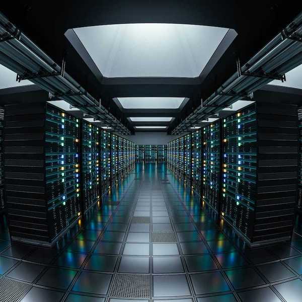 Racks and corridors of electronics High-tech data center with a sleek, modern aesthetic. 3D render.