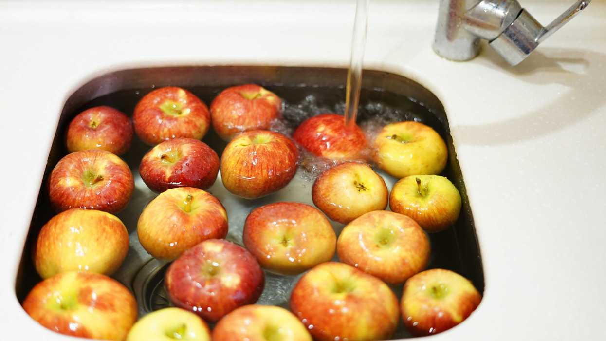 Red apples being washed in a sink