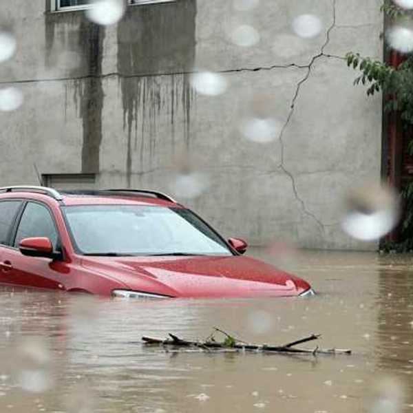 Red car submerged under flood waters with a concrete building behind it