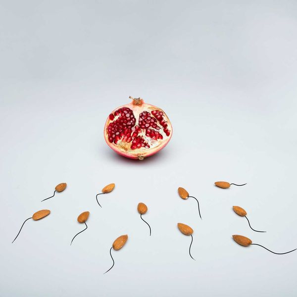 red fruit with white background and small sperm shaped objects moving toward it