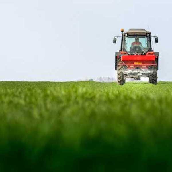 Red tractor driving on green field