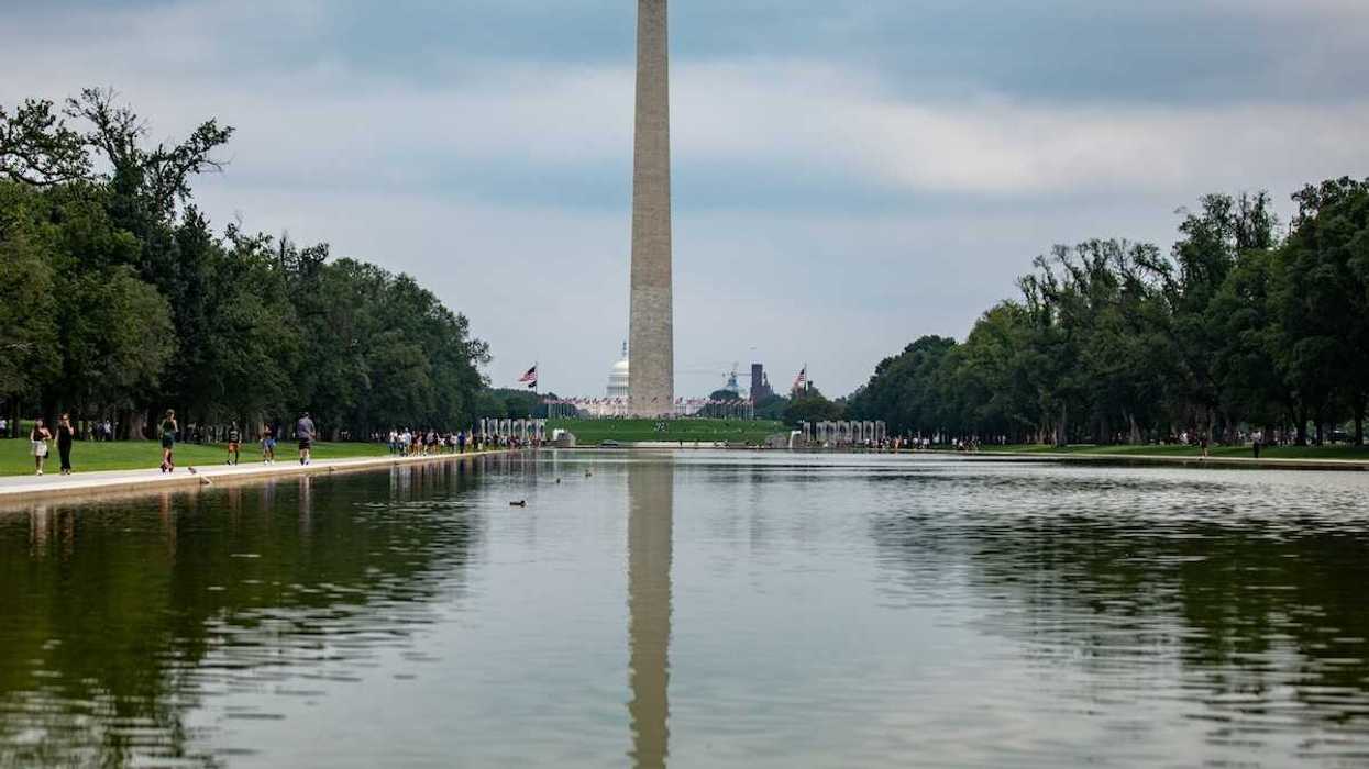 Reflecting pool on national mall with Washington monument and Capitol building behind