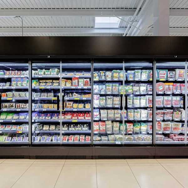 Refrigerated food coolers in a supermarket