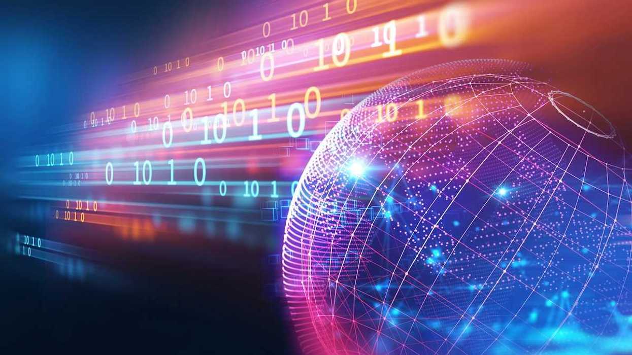 Rendered illustration depicting global networks, information transport, and digitization