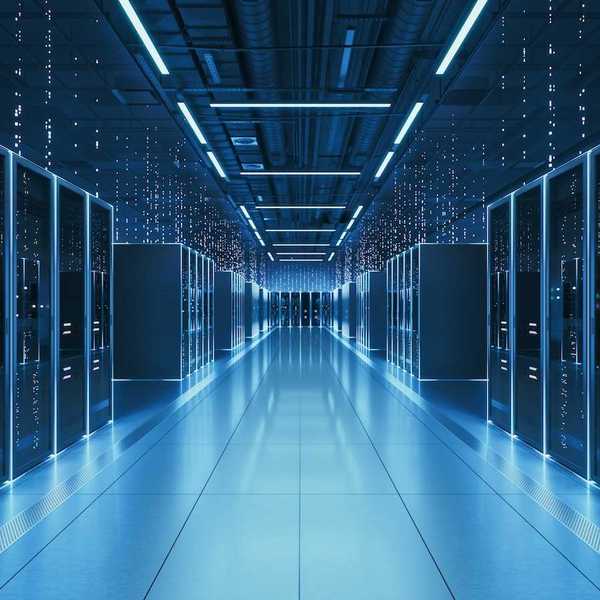 Rendered image representative of the internal electronics of a commercial data center