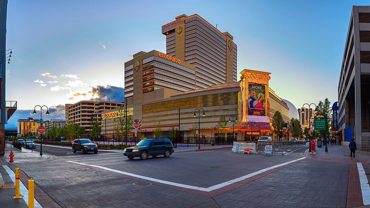 Reno street with casino at sunset