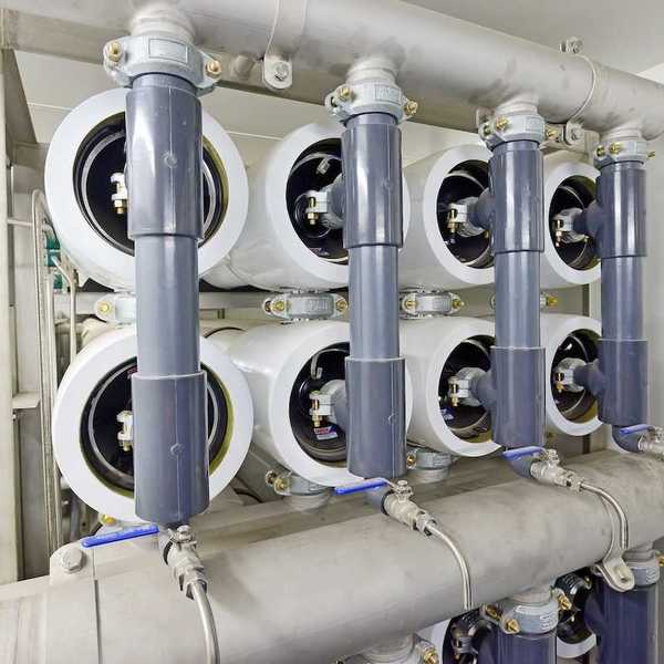 Reverse osmosis equipment inside of water delivery plant, close-up