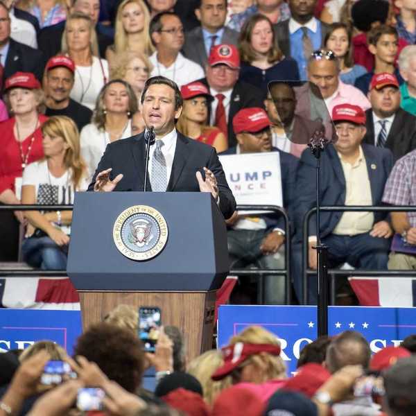 Ron DeSantis addresses a crowd at a Trump rally in Tampa, Florida, on July 31, 2018.
