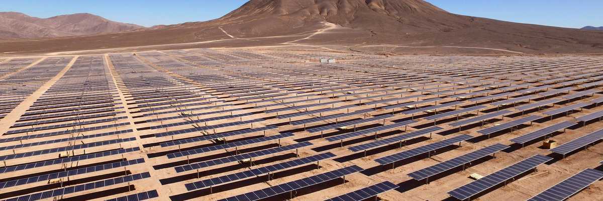 Rows of blue solar panels in a desert environment.