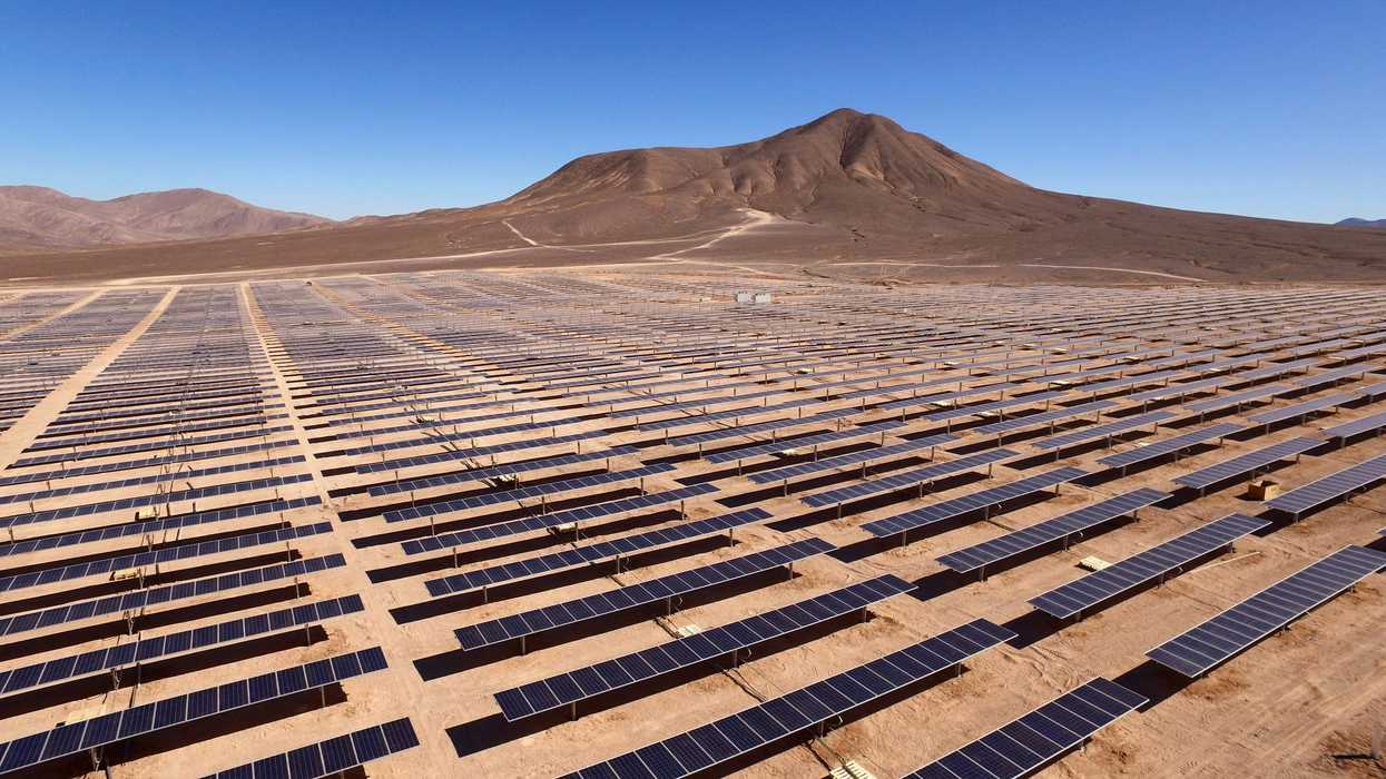 Rows of blue solar panels in a desert environment.