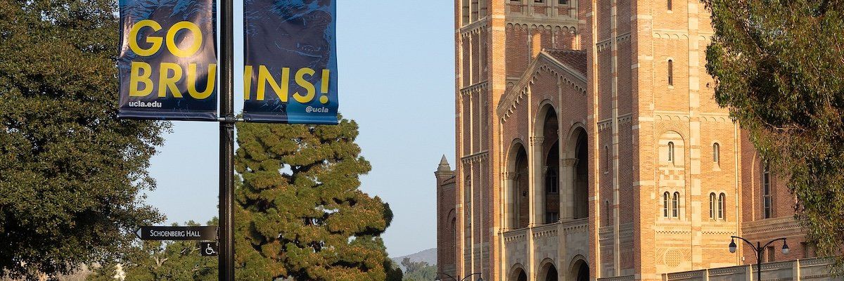 Royce Hall, UCLA campus "GO BRUINS" banners.