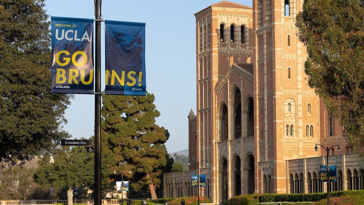 Royce Hall, UCLA campus "GO BRUINS" banners.
